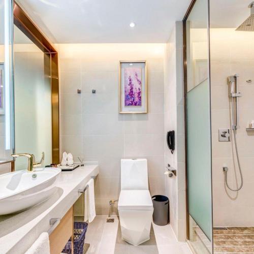 a bathroom with a sink and a toilet and a shower at Lavande Hotel Tangshan Convention and Exhibition Yuanyang City in Tangshan