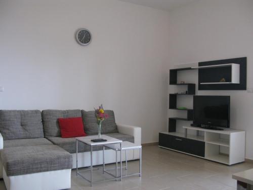 a living room with a couch and a tv at Apartments Orhideja in Rab