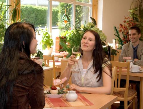 two women sitting at a table with a glass of wine at Land-gut-Hotel Cafe Meier in Kurort Oybin