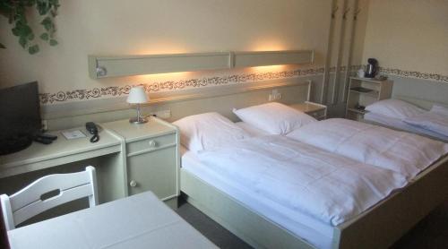 Schlafzimmer mit einem Bett und einem Schreibtisch mit einem TV in der Unterkunft Hotel Kniep in Bockenem