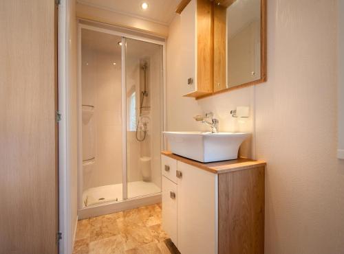 uma casa de banho com um lavatório e um chuveiro em Sandy Glade Holiday Park em Burnham-on-Sea