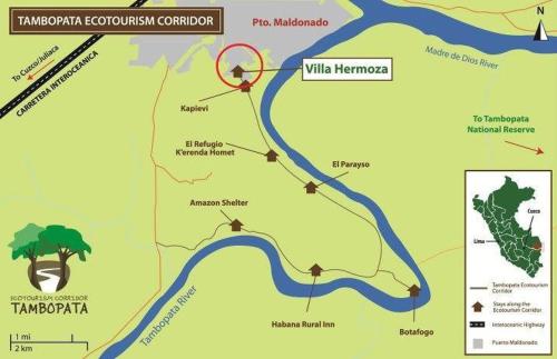 a map of a river with a red marker at Villa Hermosa de Tambopata Casa Hospedaje & Hostel in Puerto Maldonado