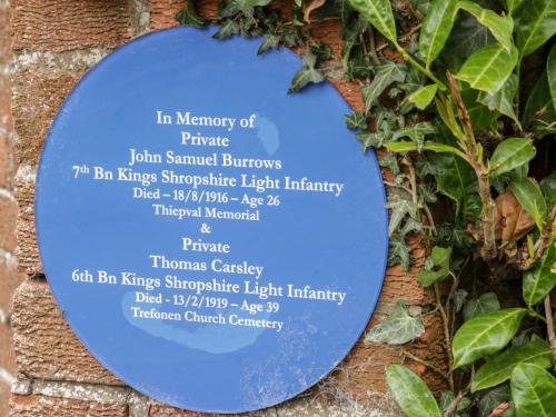 a plaque on a wall with a plant at Bryn Celyn in Oswestry