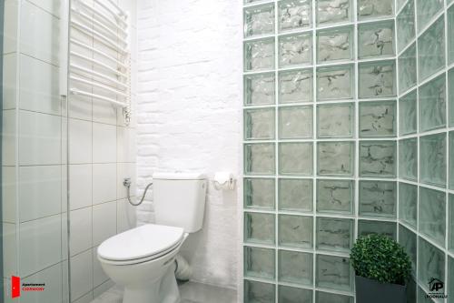 a bathroom with a toilet and a glass block wall at Apartamenty na Podhalu in Nowy Targ