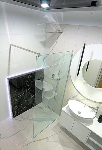 a bathroom with a glass shower and a sink at Blue Velvet Premium Apartments III in Toruń