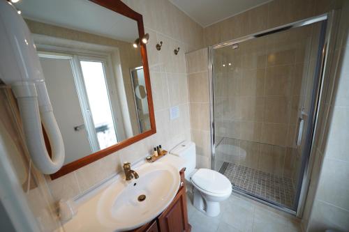 a bathroom with a sink and a shower and a toilet at Hôtel du Château in Vincennes