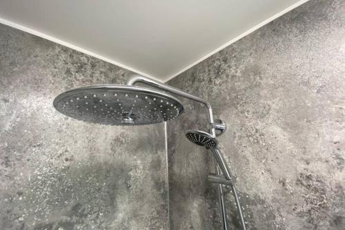 a shower with a shower head in a bathroom at Dalgety Bay Luxury Studio Apartment in Saint Davids