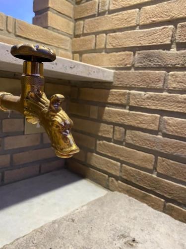a gold fire hydrant attached to a brick wall at B&B Fontanelle in Alviano