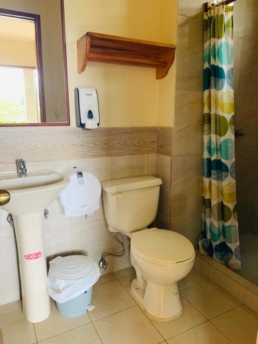 a bathroom with a toilet and a sink at La Casa de Cecilia Mindo in Mindo
