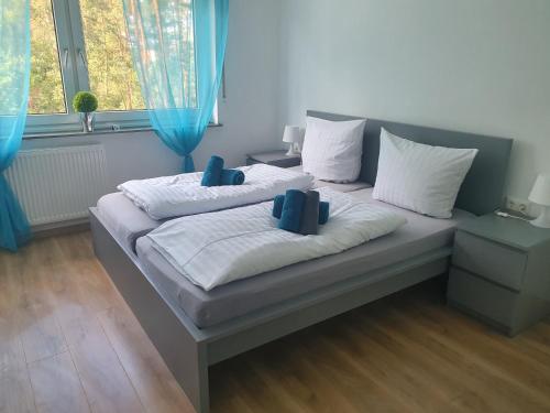 2 Betten in einem Zimmer mit blauen Kissen darauf in der Unterkunft Gästehaus am Heuss-Platz in Erlangen