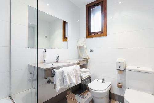 
a white toilet sitting next to a bathroom sink at Hotel Rio Bidasoa in Hondarribia

