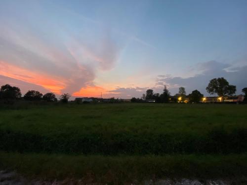a sunset in a field with a green field at Il Canto Del Gallo B&B in Zenson di Piave