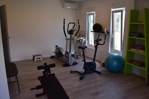 a gym with exercise bikes and a ball on the floor at Savršen odmor u Villa Ivona in Zadar