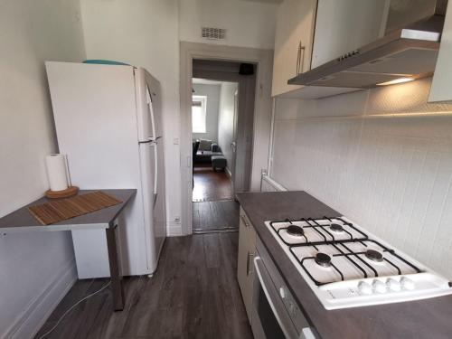 Il comprend une cuisine équipée d'une cuisinière et d'un réfrigérateur blanc. dans l'établissement 6 personnes, neuf & cosy, centre - gare, à Mulhouse