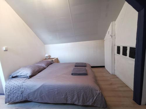 une chambre avec un grand lit dans un grenier dans l'établissement 6 personnes, neuf & cosy, centre - gare, à Mulhouse