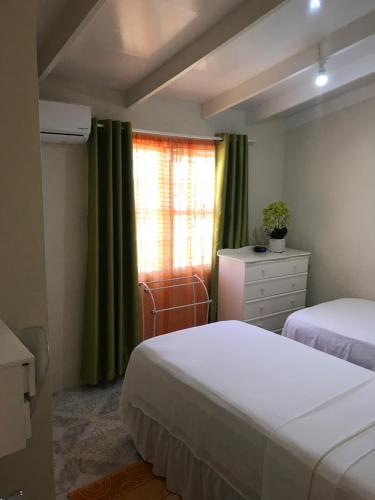 a bedroom with two beds and a window with green curtains at Hopeville Apartments in Christ Church