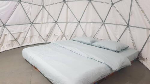a bed in a glass igloo with two pillows at Baanrimdoi Resort Lampang in Lampang