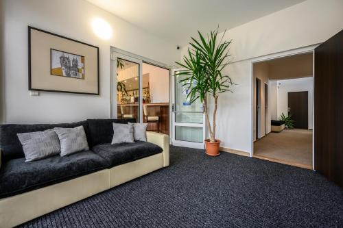 a living room with a couch and a potted plant at Hotel U Šuláka in Brno