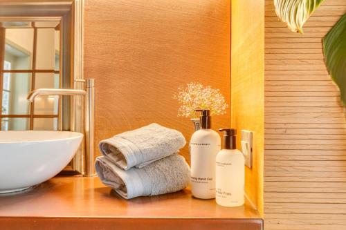 een badkamer met een wastafel, handdoeken en een spiegel bij B&B Koeketiene in Gent