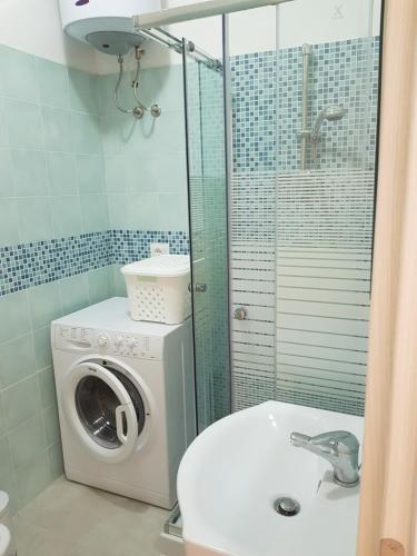 a bathroom with a washing machine and a sink at Appartamento Miele in Zambrone