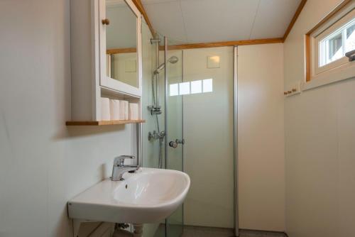 a bathroom with a sink and a shower at Besseggen Fjellpark AS in Maurvangen