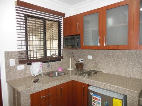 uma cozinha com um lavatório e um micro-ondas em Albatros Apartments em Guayaquil