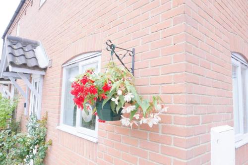 a pot of flowers hanging from a brick building at The Croft a lovely town house in the centre of Holt with free PARKING for two cars in Holt