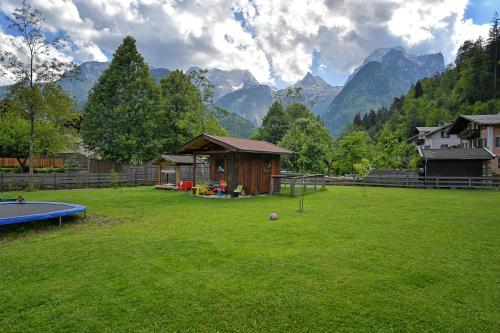 a yard with a house and a ball in the grass at Gästehaus Rass in Lofer