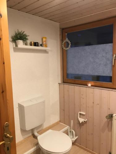 a bathroom with a white toilet and a window at Ferienhaus Bärbelstein- Burgblick in Erlenbach