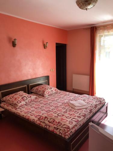 a bedroom with a bed with red walls at Silviu in Baile Unu Mai