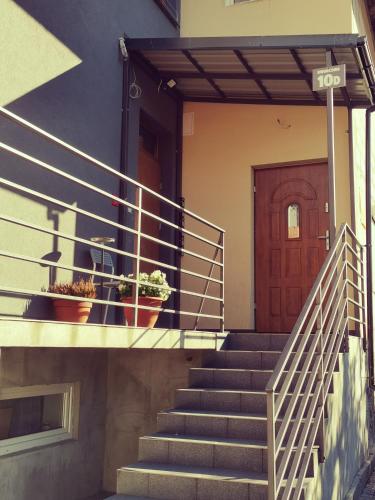a set of stairs leading to a door with potted plants at Dworcowa 10D in Płock