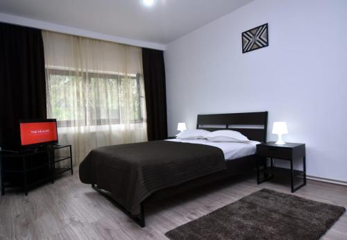 a bedroom with a large bed and a television at Residence SINAIA Apartments in Sinaia