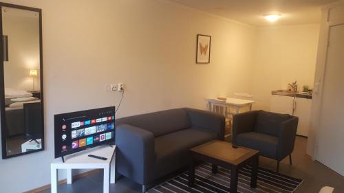 a living room with a couch and a television at Motell Svinesundparken in Halden