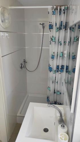 a white bathroom with a shower and a sink at Guest House "Villa Klara Eilat" Heated pool and sauna all year round in Eilat