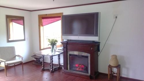 a living room with a fireplace with a television on top of it at Harrison Hammond House Farmstay in Harrison Mills