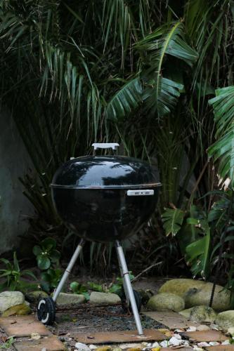 a black grill sitting on a stand in front of a plant at The House of Braganza in Kommetjie