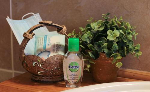 a bottle of detergent next to a basket of toiletries at The House of Braganza in Kommetjie