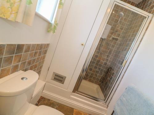 Un baño con inodoro y ducha a ras de suelo. en Rospletha Bungalow, en Penzance