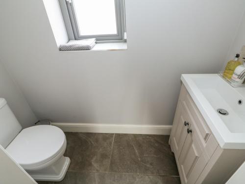 a bathroom with a toilet and a sink and a window at The Stables in Boston