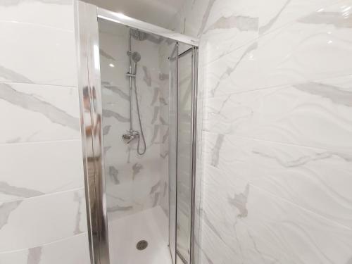 W łazience znajduje się prysznic ze szklanymi drzwiami. w obiekcie Del Parque Flats Flores Premium w Maladze