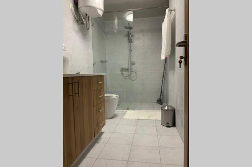 ein Bad mit einer Dusche, einem WC und einem Waschbecken in der Unterkunft Grany Apartment - Palm Village in Daressalam