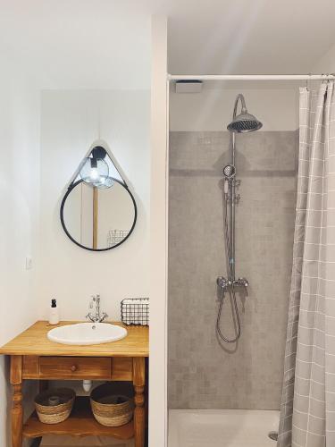 une salle de bain avec un lavabo et une douche avec un miroir dans l'établissement L'anne xe, studio indépendant, à Valeuil
