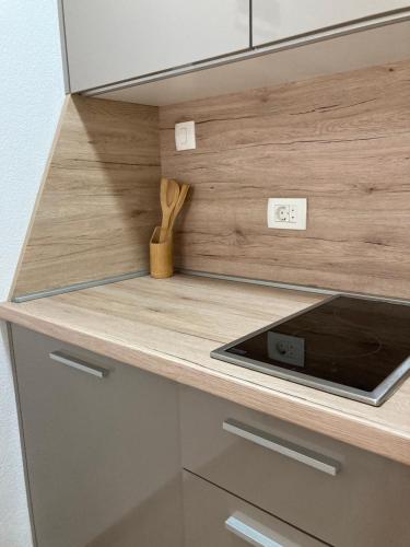 a kitchen with a counter with a stove top oven at Apartments Mrdak in Bar