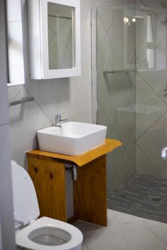 a bathroom with a sink and a shower at iLanga Lodge in St Lucia