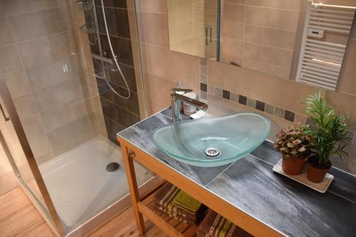 ein Bad mit einem Waschbecken und einer Dusche in der Unterkunft Gite du Carbounet et la Grange de Lou in Siguer