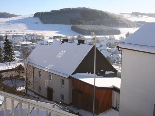 a house with snow on the roof of it at Serene Apartment in Meschede with Balcony in Grevenstein