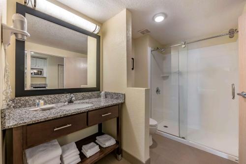 a bathroom with a sink and a shower at Comfort Suites Maingate East in Orlando