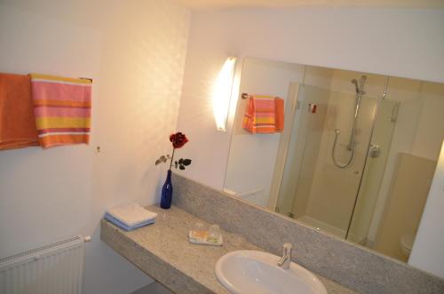 a bathroom with a sink and a shower at Pension Kirchbrugger in Telfes im Stubai