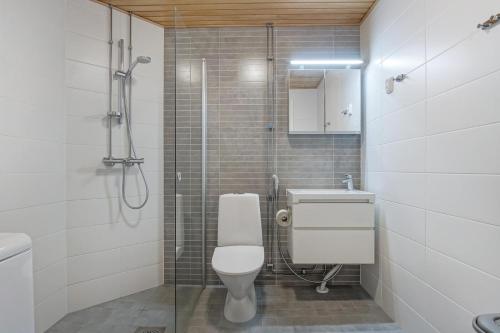 a bathroom with a toilet and a sink and a shower at Kotimaailma Apartments Oulu in Oulu