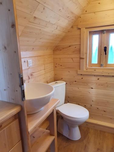 a wooden bathroom with a toilet and a sink at The Shire in Boston